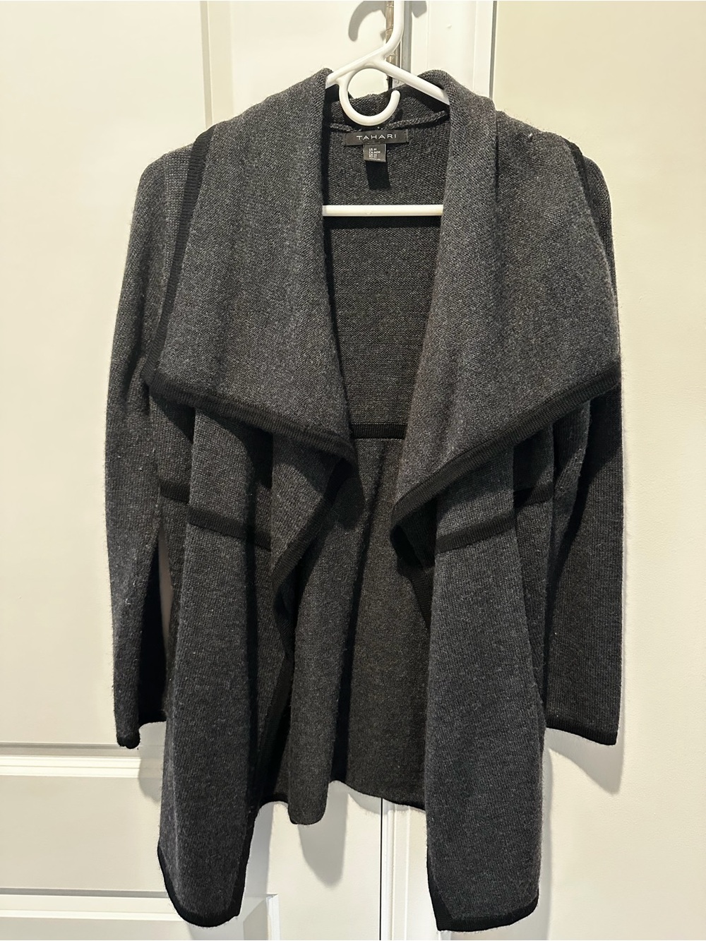 Tahari Dark Gray Open-Front Draped Cardigan